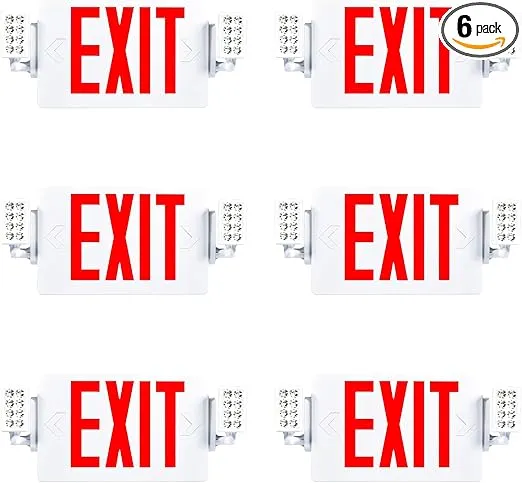 Sunco 6 Pack Red Exit Signs With Emergency Lights, Two Adjustable LED Lights, 94V-0 Fire Resistant, Backup Battery, 120-277V, Wall Or Ceiling Mount, Commercial Grade Double Sided UL