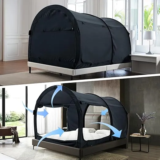 Alvantor Canopy Bed Dream Privacy Space Full Sleeping Tents Indoor Pop Up Portable Frame Curtains Breathable Grey Cottage (Mattress Not Included) Reducing Light, Charcoal (2006)