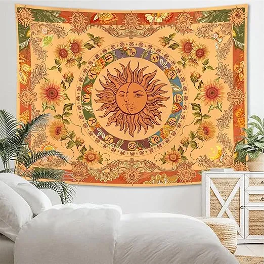 Accnicc Yellow Sun and Moon Tapestry Vintage Indie Boho Tapestry Wall Hanging with Sunflowers Butterfly Moth Constellation Aesthetic Wall Tapestries for Bedroom Dorm Living Room (Orange, 50'' × 60'')