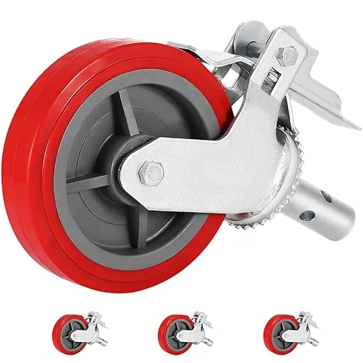 VEVOR Scaffolding Wheels 8", Scaffold Wheels Set of 4, Heavy Duty Locking Casters 3200LBS Capacity, Locking Stem Casters with Brake, Red Polyurethane - Replacement for Scaffold, Shelves