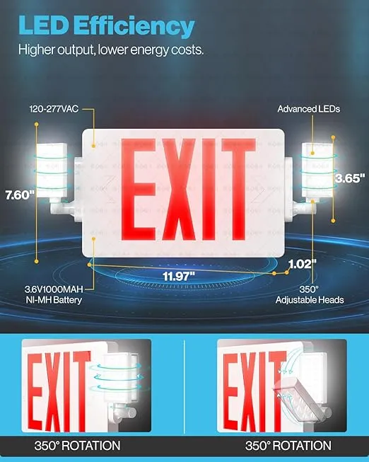 Sunco Red Exit Signs With Emergency Lights, Two Adjustable LED Lights, 94V-0 Fire Resistant, Backup Battery, 120-277V, Wall Or Ceiling Mount, Commercial Grade Double Sided UL