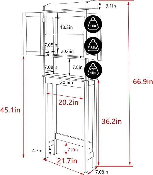 VEIKOU Over The Toilet Storage Cabinet, Bathroom Cabinet Over Toilet, Freestanding Over The Toilet Storage/Adjustable Shelf, Storage Rack, White