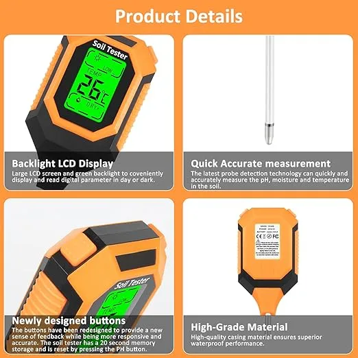 4-in-1 Soil Moisture Meter Digital PH Meter/Soil Moisture/Plant Temperature/Sunlight Intensity, Backlight LCD Display, Soil Test Meter for Garden, Lawn, Plant Care, Farm and Indoor Outdoor Plants