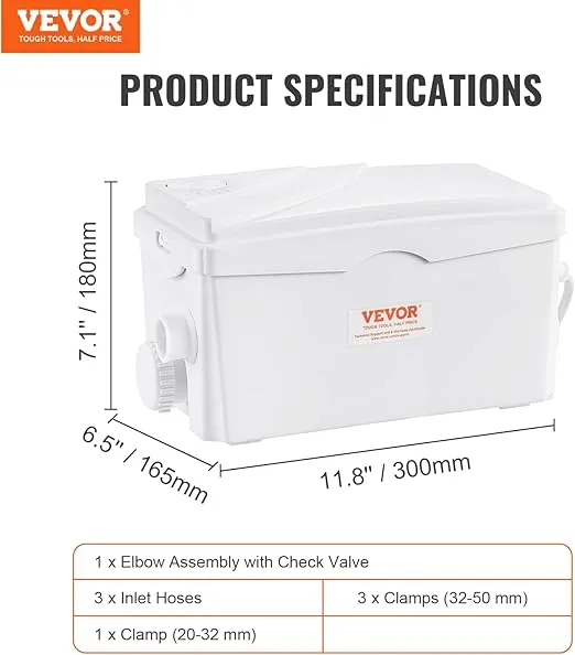 VEVOR Macerator Pump, 350W, 6000 L/h Flow, 23 ft/7 m Head, Macerator Sewerage Sump Pump with 3 Water Inlets for Basement, Kitchen, Sink, Shower, Bathtub, Laundry Waste Water Disposal Upflush Machine