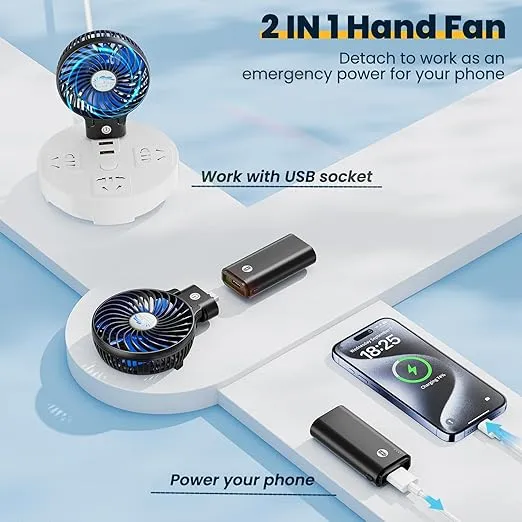 HandFan Portable Handheld Fan with Power Bank, 2 IN 1 Hand Fan, 5200mAh Rechargeable Battery Operated, Personal Foldable Makeup Fan, Portable Cooling Fan for Travel/Summer/Concerts/Lash(Black&Blue)