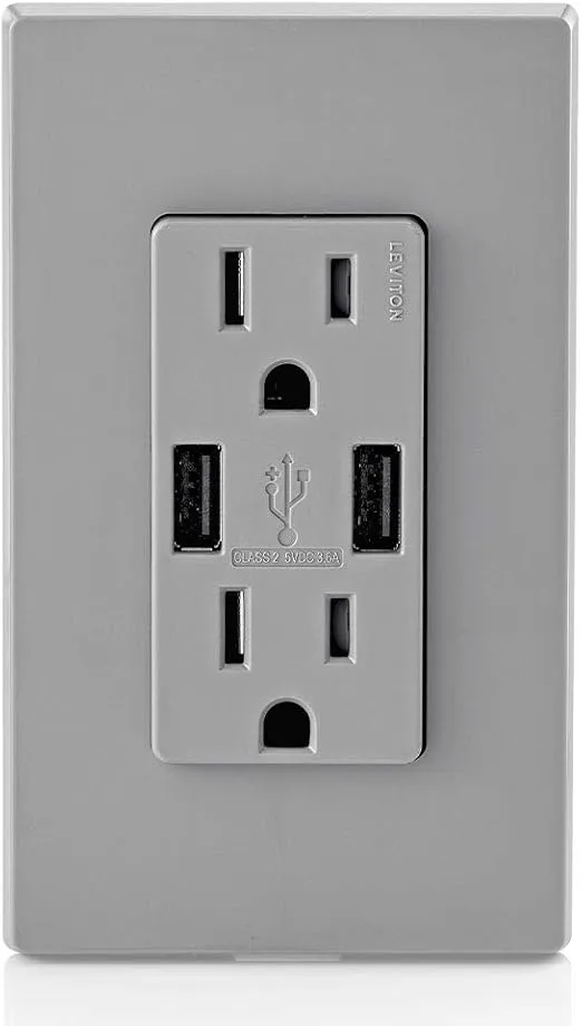 Leviton T5632-G Type-A USB in-Wall Charger with 15A Tamper-Resistant Outlet, USB Charger for Smartphones, Gray