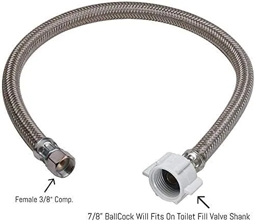 EZ-Fluid 12“ Toilet Water Supply Connector, Braided Stainless Steel - 3/8“ Female Compression Thread x 7/8” Female Ballcock Thread 12-Inch Toilet Water Connectors Hose (1-PACK)