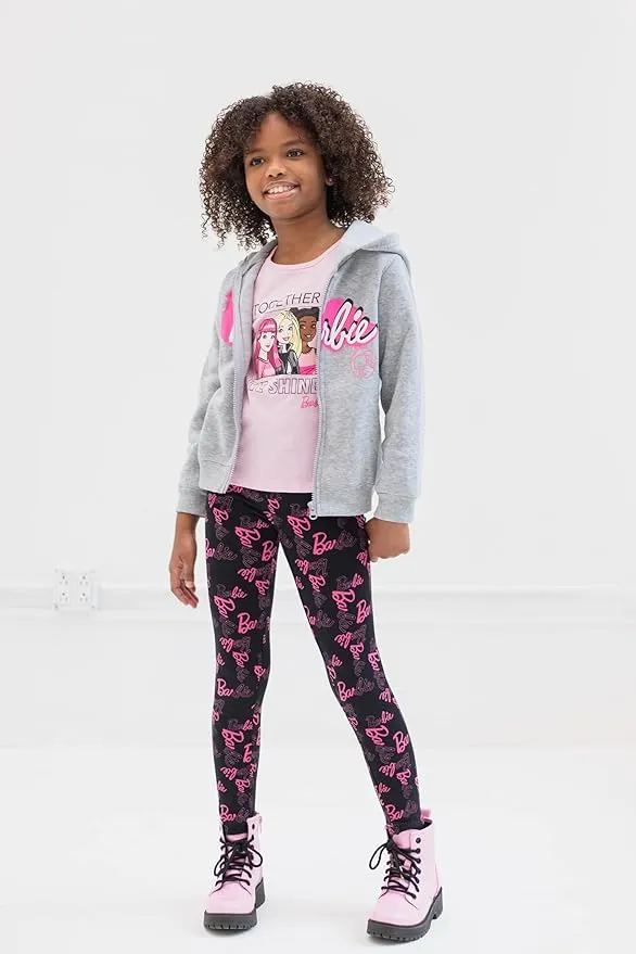 Barbie Zip Up Fleece Hoodie Graphic T-Shirt and Leggings 3 Piece Outfit Set Fl2271342Br Girls' coordinated outfit