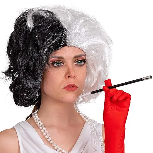 Skeleteen Black and White Wig - Cruel Lady Half and Half Wavy Costume Wig for Adults and Kids