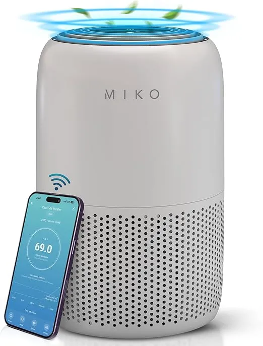 MIKO Air Purifier for Bedroom with 3-in-1 HEPA Filter & Sleep Mode, Whisper Quiet, Covers Up to 1200 ft, Smart Wi-Fi App Control - Removes Smoke, Allergens, Pets Hair, Dust, Odors, Pollutants