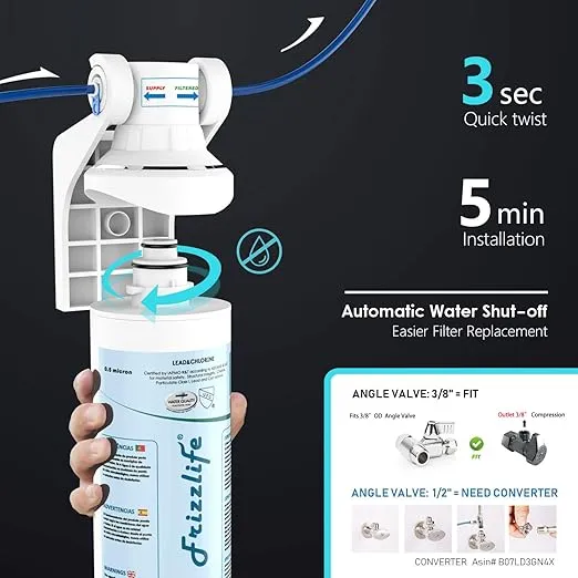 Frizzlife Under Sink Water Filter-NSF/ANSI 53&42 Certified Drinking Water Filtration System-0.5 Micron Removes Lead, Chlorine,Bad Taste & Odor, W/Dedicated Faucet