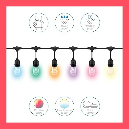 WiZ Connected 48FT Color Changing Outdoor String Lights - Water and Weatherproof - Adapter Included - Control with Wiz Connected App - Works with Google Home, Alexa and Siri Shortcuts