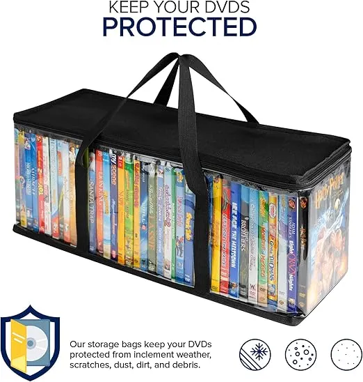 Stock Your Home DVD Storage Bags (Set of 6) Media Organizer Bag for DVDs, CDs, Blu Ray Disc, Movie Cases, VHS Box, Video Game Disks, Clear Plastic Holders with Carrying Handles and Zipper - Black