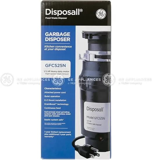 GE GFC525N Sink 1/2 HP Continuous Feed Disposer, Black