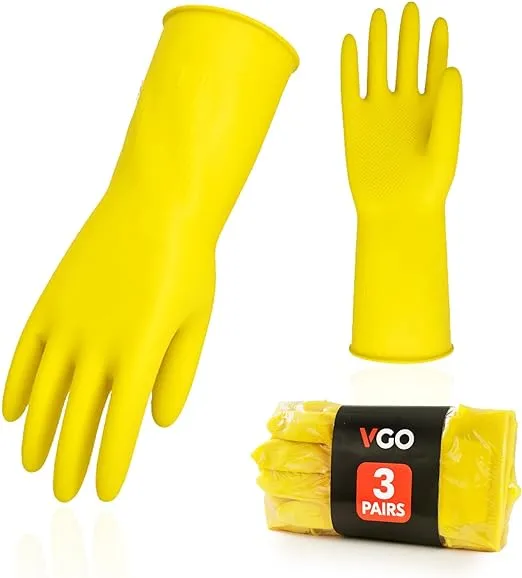 Vgo... 3-Pairs Reusable Household Gloves, Rubber Dishwashing gloves, Extra Thickness, Long Sleeves, Kitchen Cleaning, Working, Painting, Gardening, Pet Care (Size M, Yellow, HH4601)