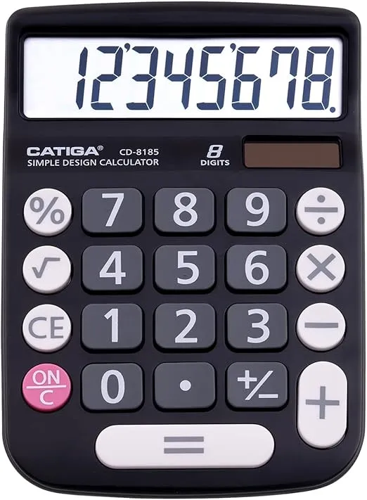 CATIGA Desktop Calculator 8 Digit with Solar Power and Easy to Read LCD Display, Big Buttons, for Home, Office, School, Class and Business, 4 Function Small Basic Calculators for Desk, CD-8185 Black