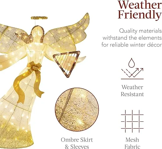 Best Choice Products 5ft Lighted Outdoor Angel Christmas Decoration, Pre-Lit Winged Holiday Figure for Lawn w/ 140 LED Lights, Harp, Bow, Halo, Zip Ties, Ground Stakes