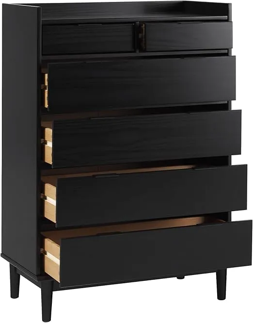 Walker Edison Blythe Mid-Century Modern Tray-Top Solid Wood 6-Drawer Dresser, 30 Inch, Black