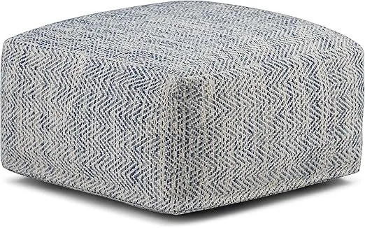 SIMPLIHOME Nate 20 Inch Boho Square Pouf in Patterned Denim Melange Cotton, For the Living Room, Bedroom and Kids Room