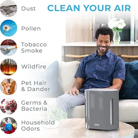 Pure Enrichment PureZone Air Purifier for Bedroom & Living Room, 4-Stage Filtration & UV-C Light, H13 HEPA Filter Helps Remove Bacteria, Pet Hair Dander, Allergens, Germs, Smoke, Dust (Gray)