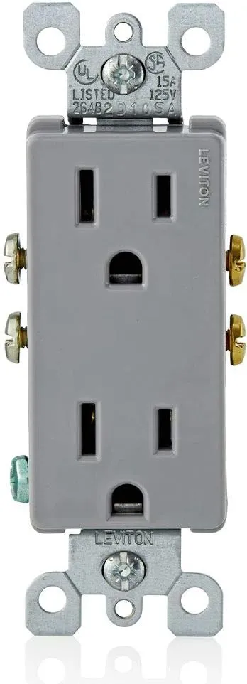 Leviton 5325-GY 15 Amp, 125 Volt, Decora Duplex Receptacle, Residential Grade, Grounding, Gray