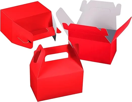 XAGLVV 24 Pcs Dark Red Party Favor Box, 6.2 * 3.5 * 3.5 Inch Gable Box,Treat Box Party Favor with Handles,Goodie Boxes for Kids Birthday,Wedding, Classroom Activity, Babyshower