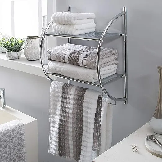 Organize It All 1753W-B Wall Mount 2 Tier Chrome Bathroom Shelf with Towel Bars Metallic