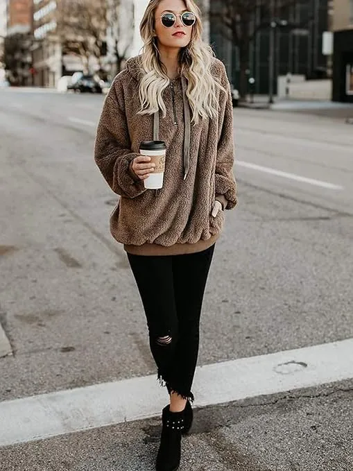 American Trends Oversized Sweatshirts for Women Athletic Womens Sherpa Hoodie Fluffy Women's Hoodies Pullover with Pockets