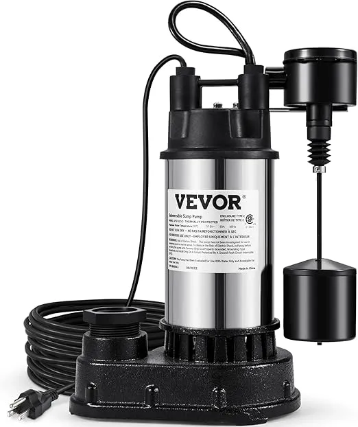 VEVOR 1.5 HP Submersible Cast Iron and Steel Sump Pump, 6000 GPH Submersible Water Pump with Integrated Vertical Float Switch, for Basement Water Basin and Flooding Area