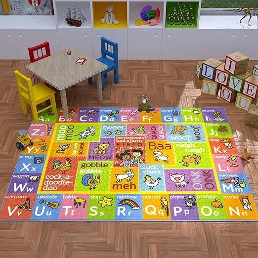 KC Cubs Classroom Rug, Kids Rug and Baby Play Mat ABC Alphabet with Old Macdonald Animals Educational Learning Non Slip Baby Girl & Boy Carpet Children Bedroom Toddler Playroom Floor Mat Nursery Rug