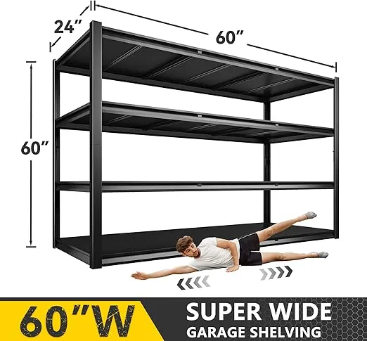 REIBII 60" W Garage Shelving 2650LBS Heavy Duty Storage Shelves, Adjustable 4 Tier Metal Shelves, Garage Storage Shelving and Pantry Industrial Shelf Utility Rack, 60" W x 24" D x 60" H