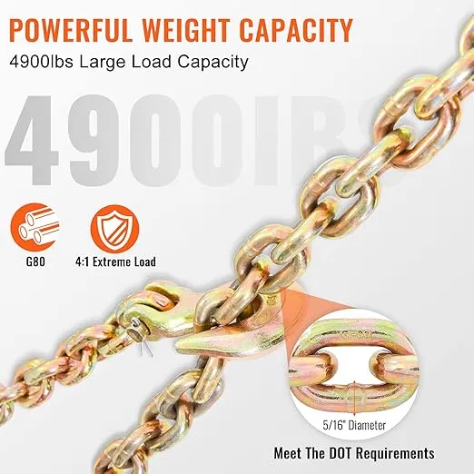 VEVOR Transport Binder Chain, 5/16''x20' Tow Chain with Grab Hooks, 4900lbs Safe Working Load, G80 Heavy Duty Chain, Logging Chain for Transporting Towing, Tie Down Binding Equipment