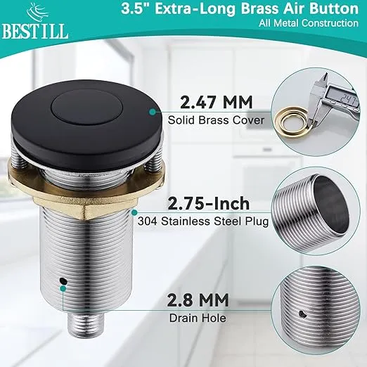 BESTILL Garbage Disposal Air Switch Kit - UL Listed, Brass Long Push Button for Waste Disposer, Cordless Sink Top Switch Button, Matte Black