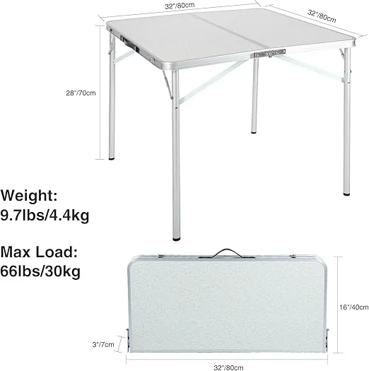 REDCAMP 32" Square Folding Camping Table with Adjustable Heights Legs, Lightweight Portable Aluminum Fold in Half Small Card Tables Bridge Tables for Outdoor Picnic, White