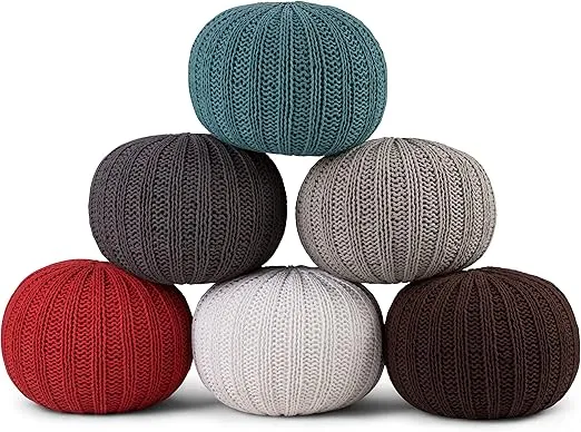 SIMPLIHOME Shelby Round Hand Knit Pouf, Footstool, Upholstered in Dove Grey Cotton, for the Living Room, Bedroom and Kids Room, Transitional, Boho