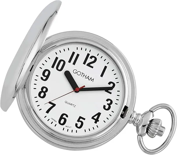 Gotham Men's Silver-Tone Low Vision Bold Number Polished Finish Covered Quartz Pocket Watch # GWC15045S