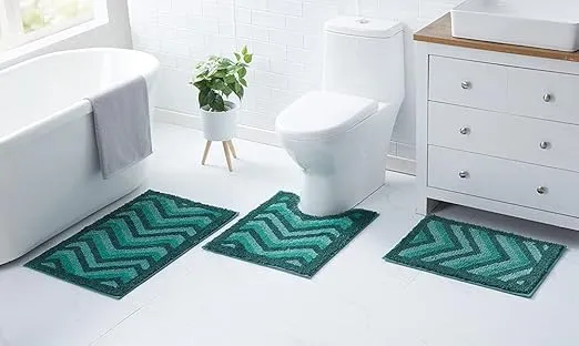 Clara Clark Bathroom Rugs, Shaggy Plush Bath Mat Set, Ultra Soft Bathroom Mat, Non Slip Backing Rubber, Chevron Design Bath Rug Set, 3 Piece, Green