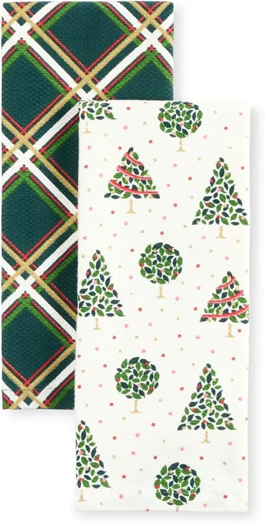 Kate Spade New York Holiday Confetti & Acrobat Plaid Holiday Kitchen Towels 2-Pack Set, 100% Cotton with Metallic Print, Lint-Free & Absorbant, Cream/Green, 17"x28"