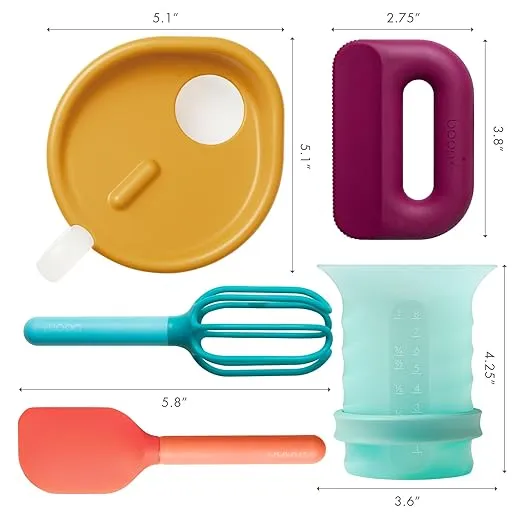 Boon Intro Toddler Food Prep Kids Kitchen Set - Kids Kitchen Accessories - 5 Unique Toddler Kitchen Tools Includes Spatula, Egg Cracker, Kids Chopper, Measuring Cup, and Bowl - Ages 3 Years and Up