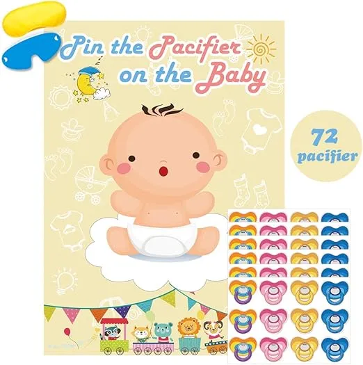 Hooqict Pin The Pacifier On The Baby Game, Baby Pacifier Games Poster with 72pcs Pacifiers Stickers Baby Shower Games Party Favors Girls Boys Kids Birthday Party Supplies