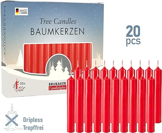 BRUBAKER Tree Candles - Pack of 20 - Red - 3¾ x ½ Inches (9.5 x 1.27cm) - Made in Europe - Pyramids, Carousels & Chimes