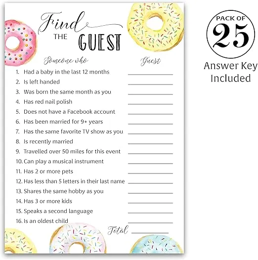 DONUT Baby Shower Game — FIND THE GUEST Baby Shower Game — Pack of 25 — Doughnut Theme Baby Shower, Icebreaker Baby Shower Party Game, Donut Guess Who Came to the party Game, Pink Blue Baby Sprinkle Games G850-FTG