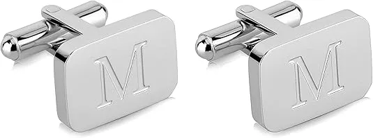 18K White-Gold Plated Initial Engraved Stainless Steel Men’s Cufflinks With Gift Box -Personalized Alphabet Letter’s A-Z By Lux & Pair