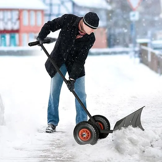 Outsunny Snow Shovel with Wheels, Snow Pusher, Cushioned Adjustable Angle Handle Snow Removal Tool, 29" Blade, 10" Wheels, Black