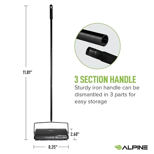 Alpine Manual Carpet Sweeper Triple Brush – Cordless Non Electric Multi-Surface Floor Brush Hardwood Floor Cleaner Easy Sweeping for Carpeted Floors (Improved Black)