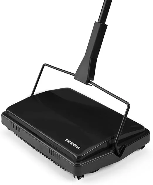 Casabella Electrostatic Floor and Carpet Sweeper | Non-Electric Vacuum Broom and Hand Push Floor Sweeper with Dual Rotating Brush Rolls System & Dust Pans | Ideal Home Cleaning Essentials | Black