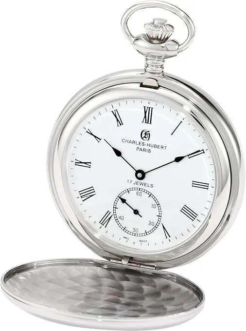 Charles-Hubert, Paris 3907-WR Premium Collection Stainless Steel Polished Finish Double Hunter Case Mechanical Pocket Watch