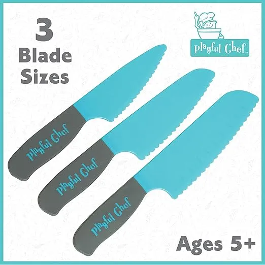 Playful Chef: Safety Knife Set for Kids – 3 Knives Plastic Blades with Serrated Edges – Safe for Little Hands, Ages 5 & up - Dishwasher Safe