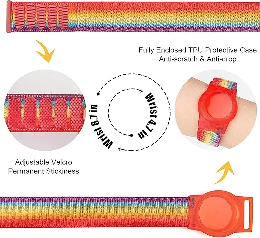 2 Pack AirTag Bracelet for Kids, Apple Air Tag Protective Cover with Nylon Wristband, Anti Lost GPS Trackers Case Cover Elastic Watch Band for Toddlers Girls Boys Elders (Rainbow)