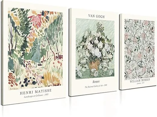 Induslyfe Framed Sage Green Vintage Wall Art Canvas Decor Set of 3, Matisse Wall Art Prints Posters Mid Century Modern Art, Aesthetic Floral Botanical wall art for bedroom, living room, bathroom 12x16